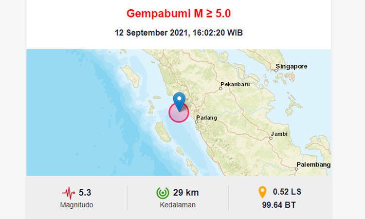 Gempa 2,1 M Terkini Guncang Agam Sumbar